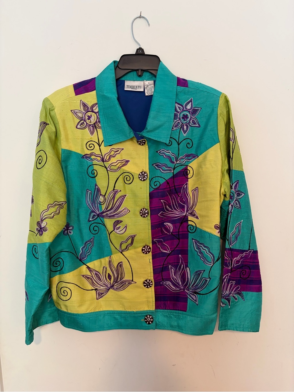 Vibrant Silk Patchwork Floral Button-Front Jacket - Teal, Lime & Purple